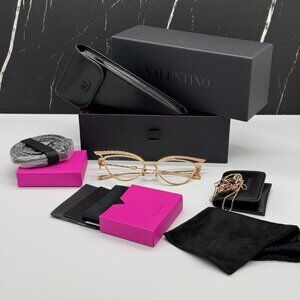 NEW VALENTINO GLASSLINER  VLX-118F CAT EYE GOLD EYEGLASSES WITH CHAIN